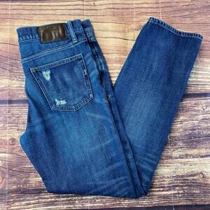 Express Jeans Men, 32x32 Classic Straight Leg Dark Wash Blue Denim Distressed